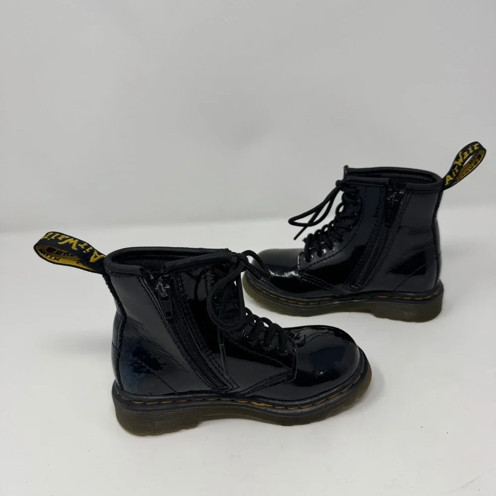 Kids Dr Martens‎ 1460 T Black Patent Leather Combat Boots Side Zip Size 8 US